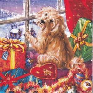 Χαρτοπετσέτα για decoupage 1 τεμ., Σκυλάκι με χριστουγεννιάτικα δώρα SLGW021701