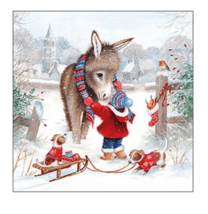 Χαρτοπετσέτα για decoupage, 1τεμ, Αγόρι και γαϊδουράκι στα χιόνια 33315585