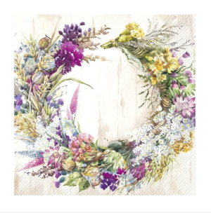 Χαρτοπετσέτα για decoupage, Στεφάνι με κίτρινα και μωβ λουλούδια, 1 τεμ. L964360