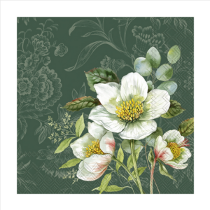 Χαρτοπετσέτα decoupage ,1 τεμ, Λευκά λουλούδια σε πράσινο φόντο L1019520