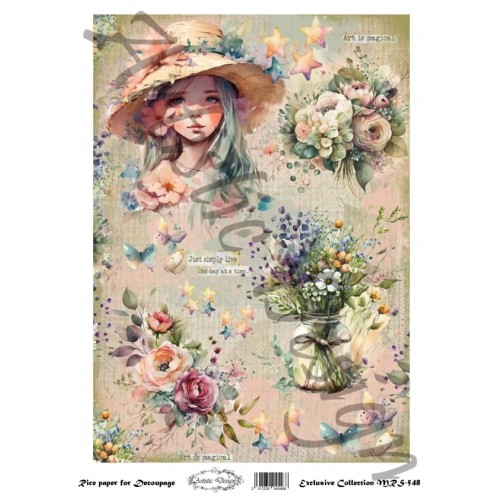 Ριζόχαρτο Artistic Design για Decoupage Α4, Girl with Flowers 1 Ριζόχαρτο Artistic Design για Decoupage Α4, Girl with Flowers