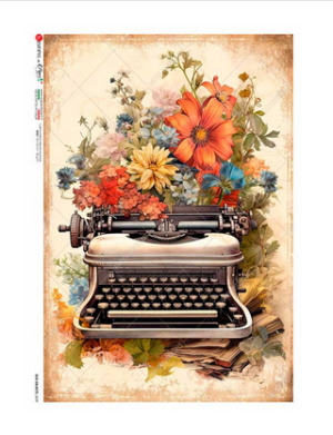 Ριζόχαρτο για Decoupage PaperD, Γραφομηχανή και λουλούδια, 30x40cm OLD-OBJECTS_0039