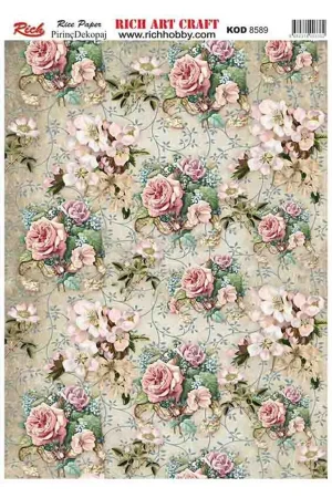 Ριζόχαρτο Rich, 30x42cm, Ροζ τριαντάφυλλα και αγριολούλουδα, PIRINC-8589